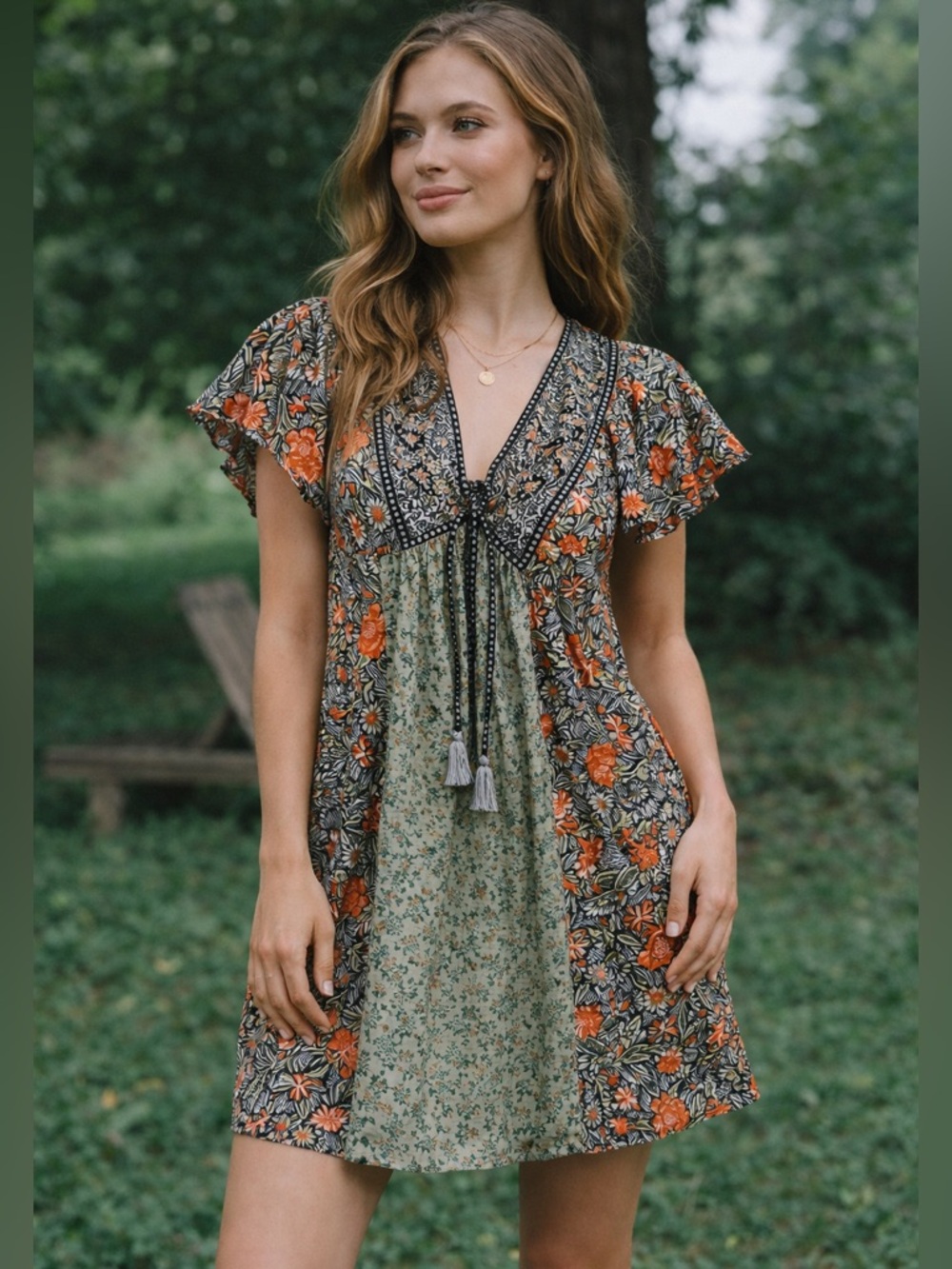 Anthropologie Astrid Tunic Dress Small Boho Floral Tassel Mini